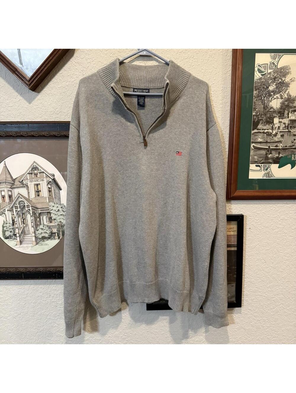 Vintage 90s Polo Jeans Ralph Lauren 1/4 Gray Designer Knit Sweater Size Mens 2XL